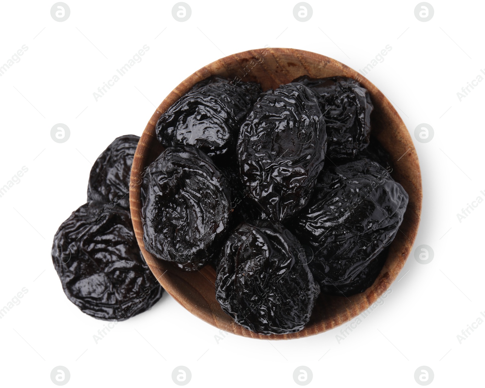 Photo of Tasty dried plums (prunes) in bowl on white background, top view