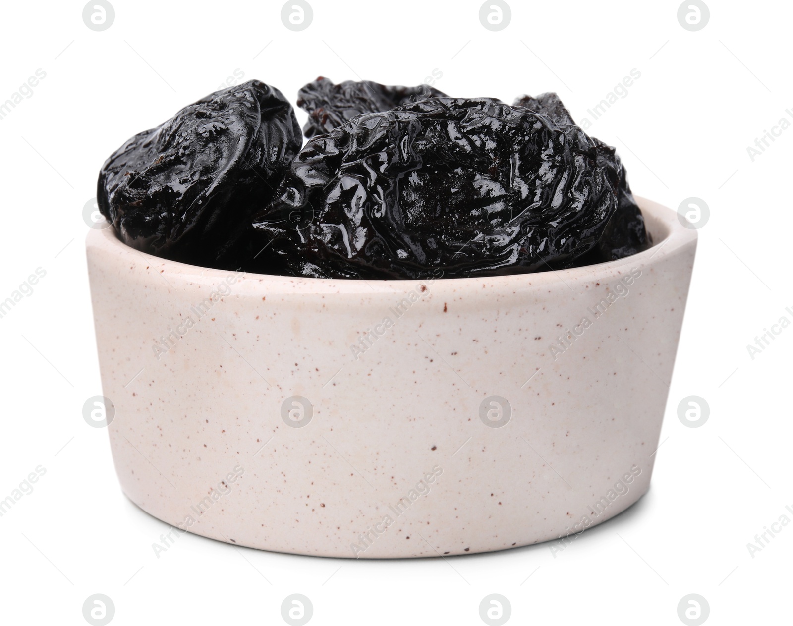 Photo of Tasty dried plums (prunes) in bowl on white background