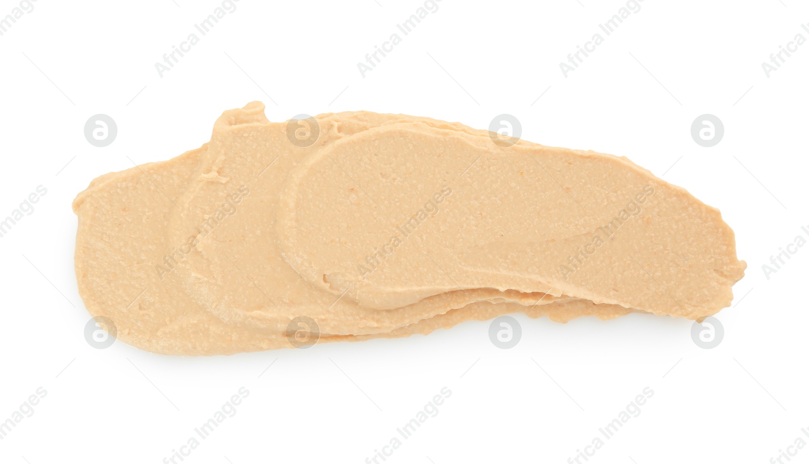 Photo of Sample of delicious hummus isolated on white, top view