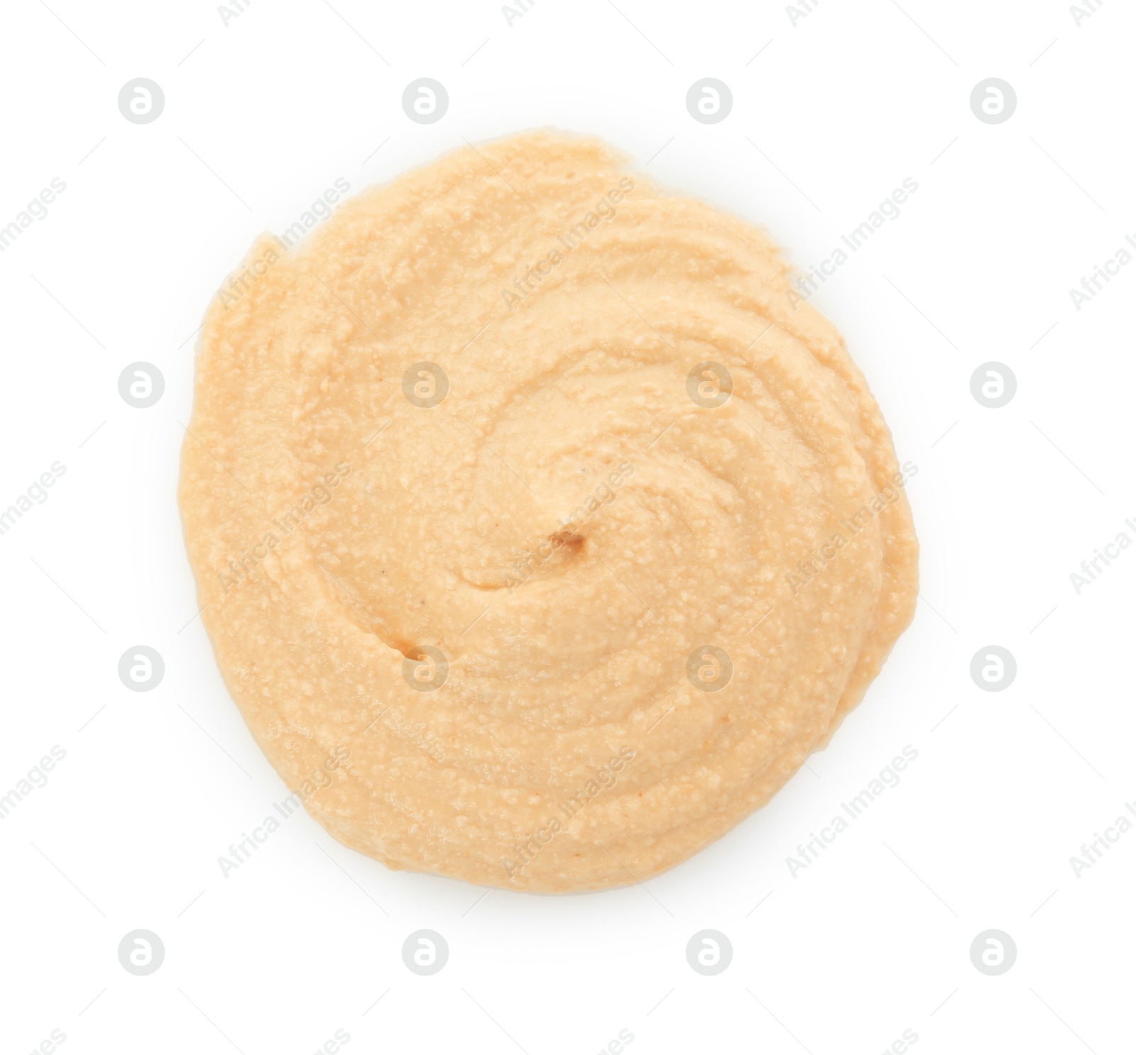 Photo of Sample of delicious hummus isolated on white, top view