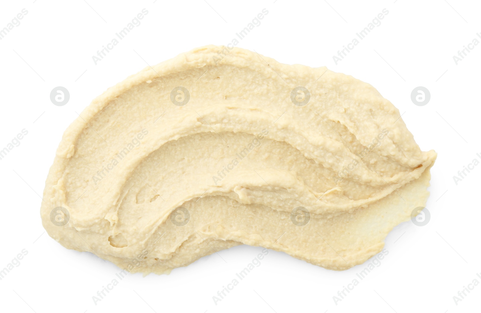 Photo of Sample of delicious hummus isolated on white, top view