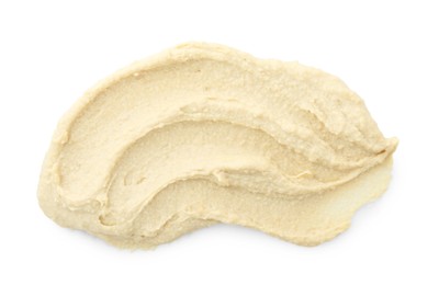 Photo of Sample of delicious hummus isolated on white, top view