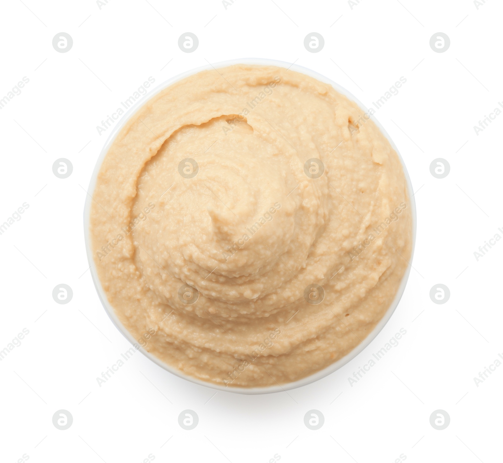 Photo of Sample of delicious hummus isolated on white, top view