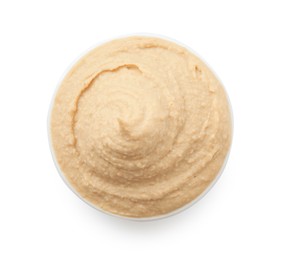 Sample of delicious hummus isolated on white, top view