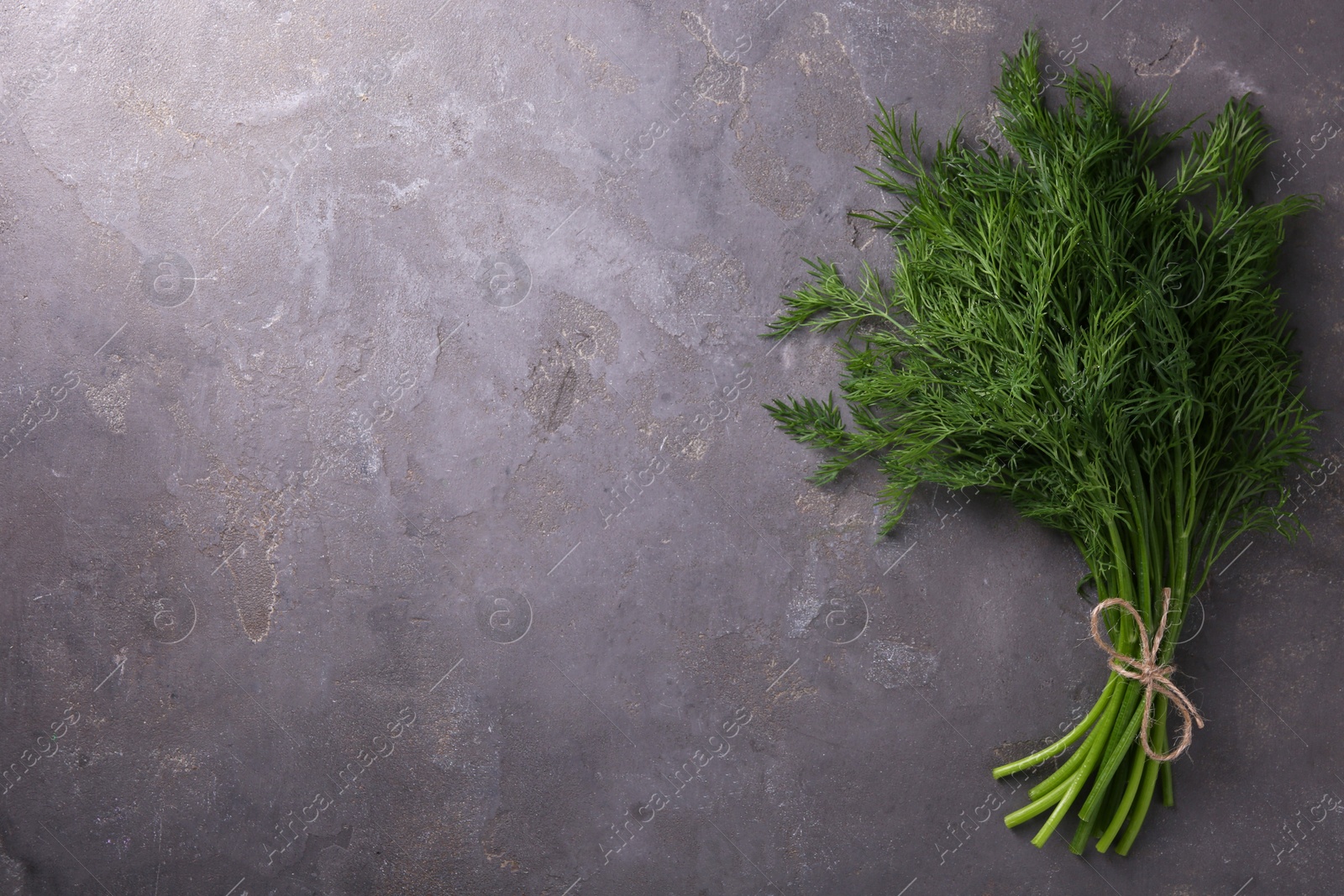 Photo of Bunch of fresh dill on grey textured table, top view. Space for text