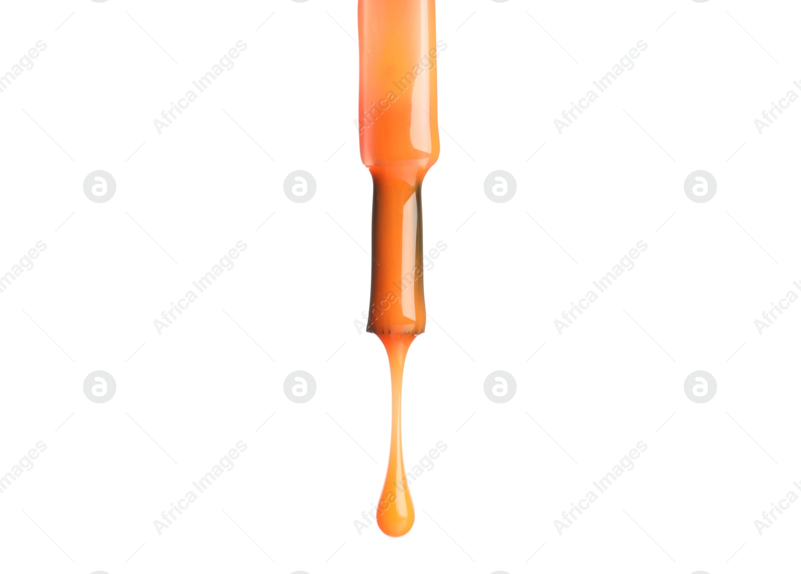 Photo of Orange nail polish dripping from brush isolated on white