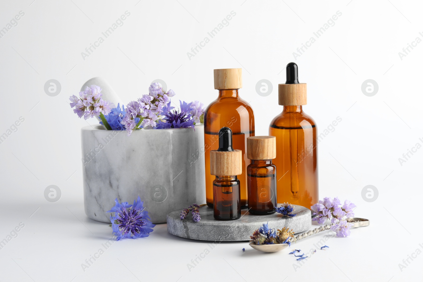 Photo of Aromatherapy. Different essential oils, flowers, mortar and pestle on white background