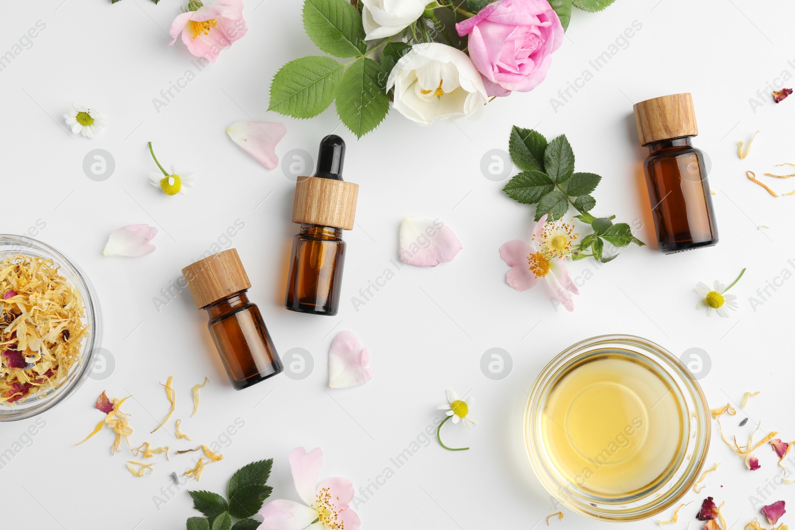 Photo of Aromatherapy. Essential oils, flowers and petals on white background, flat lay