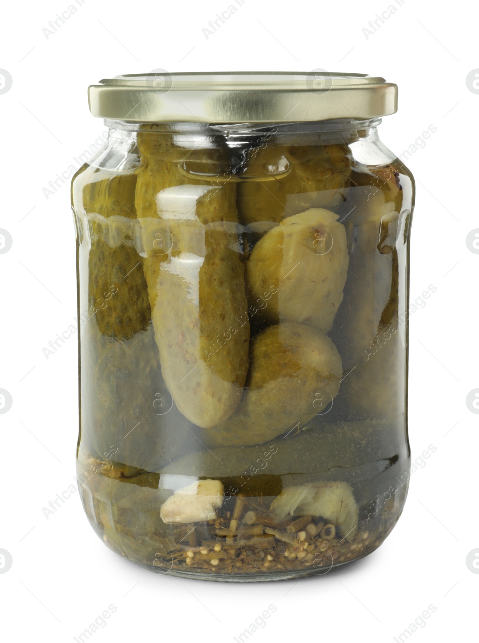 Photo of Pickled cucumbers in jar isolated on white