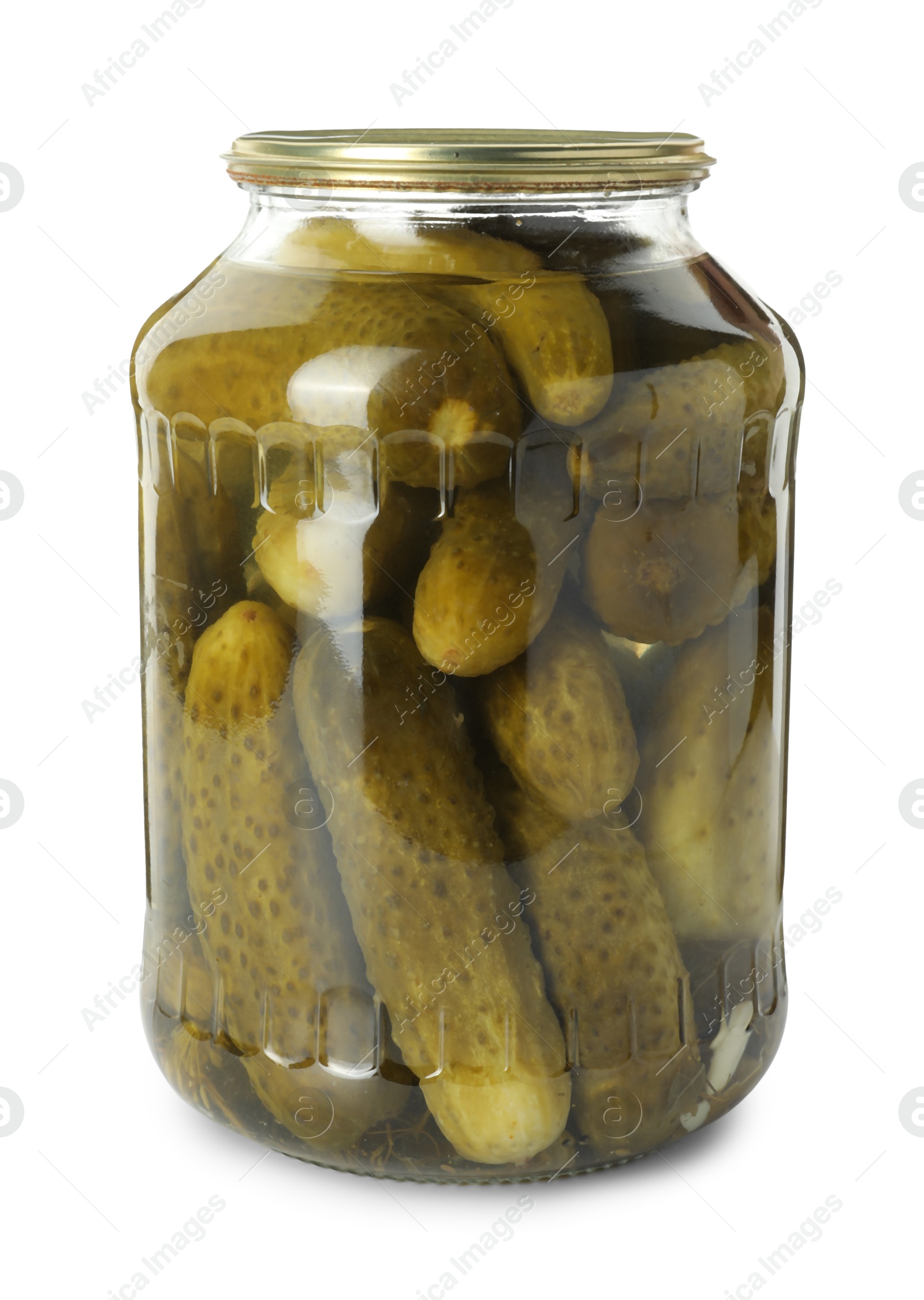 Photo of Pickled cucumbers in jar isolated on white