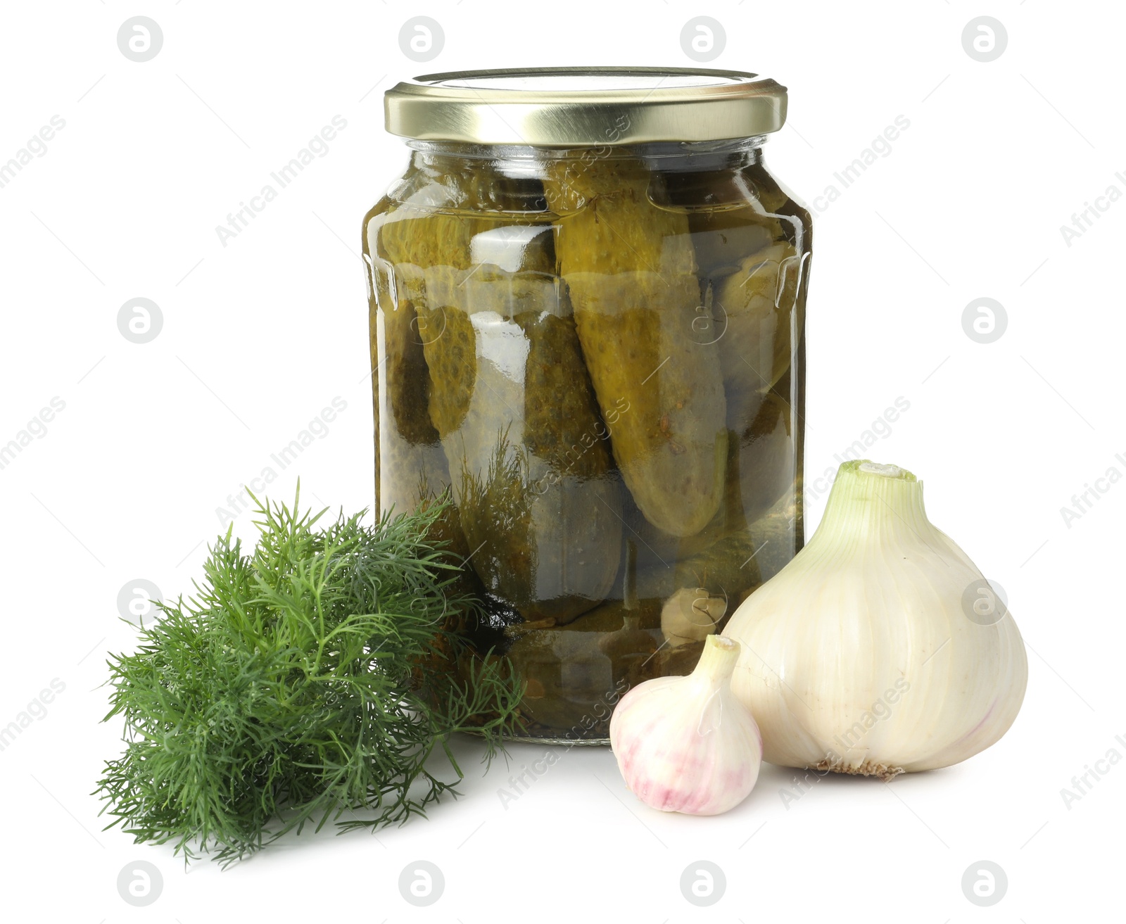 Photo of Pickled cucumbers in jar, garlic and dill isolated on white