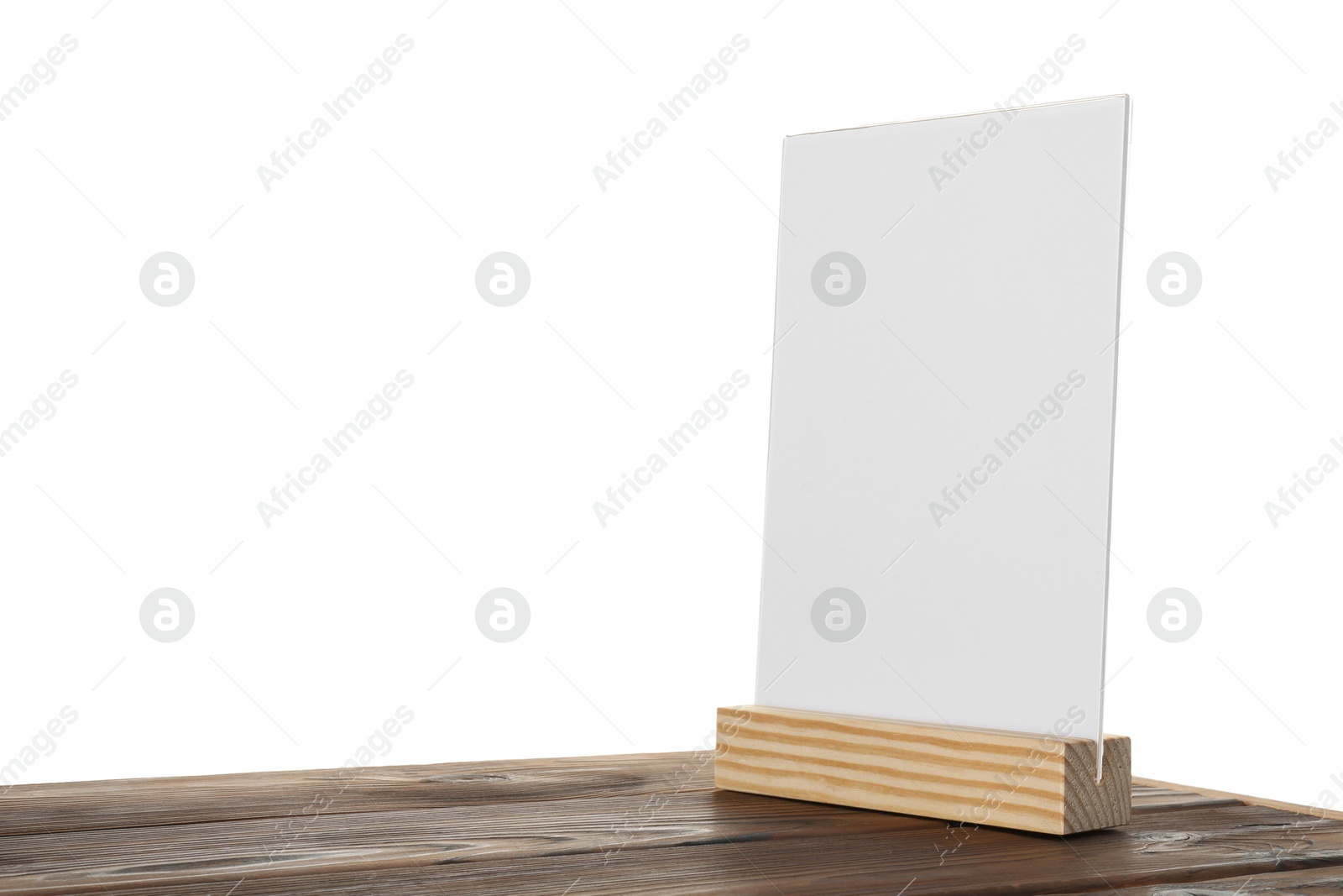 Photo of Menu holder on wooden table against white background. Space for text