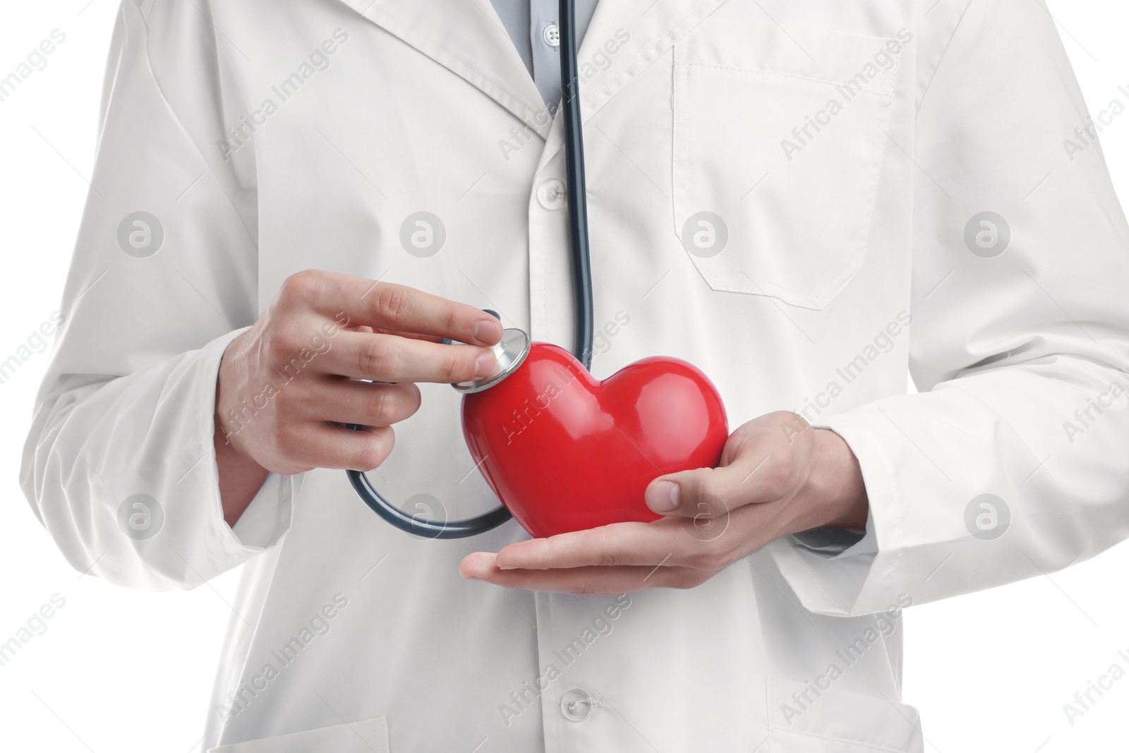 Photo of Doctor with stethoscope and red heart isolated on white, closeup