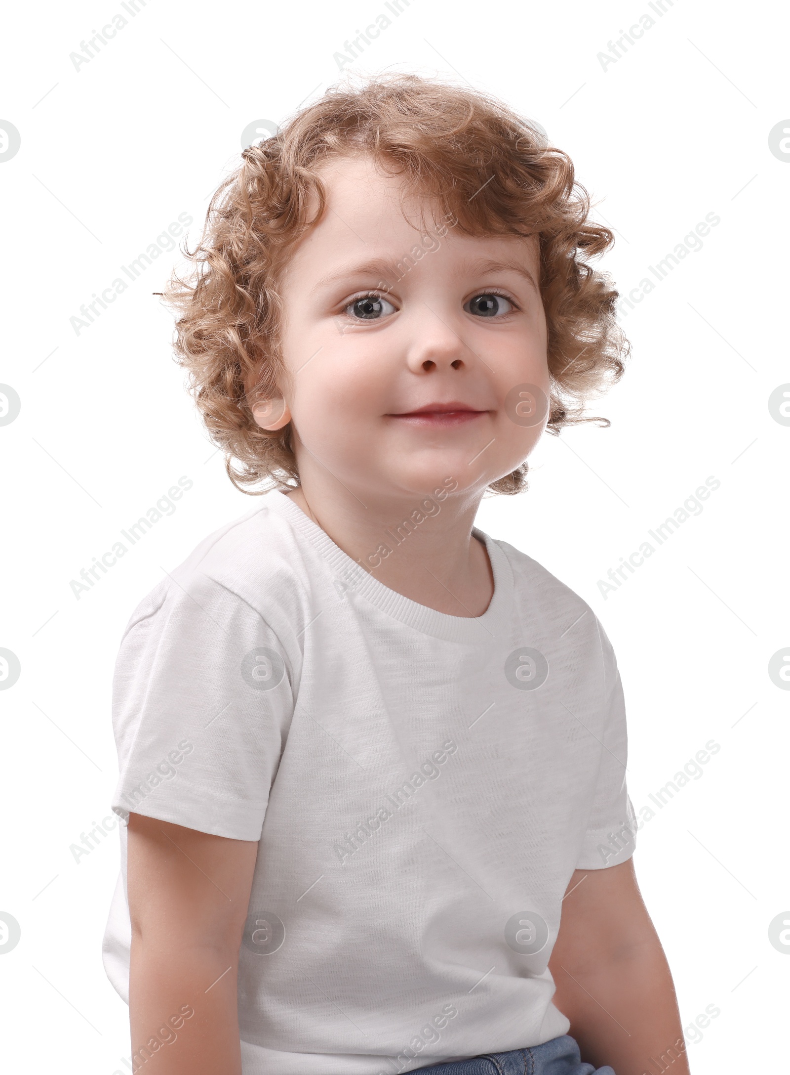 Photo of Portrait of cute little boy on white background