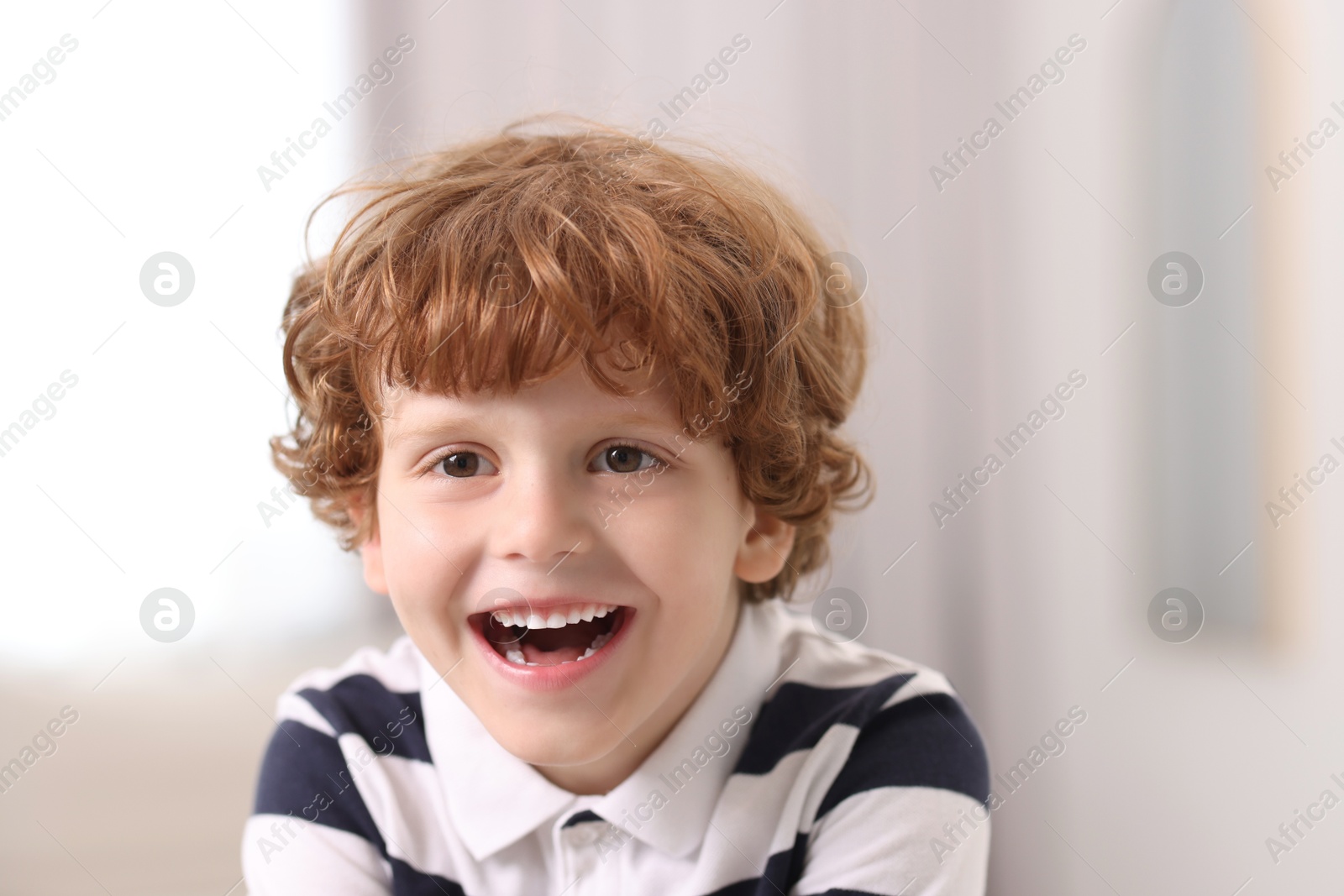 Photo of Portrait of little boy indoors, closeup. Cute child