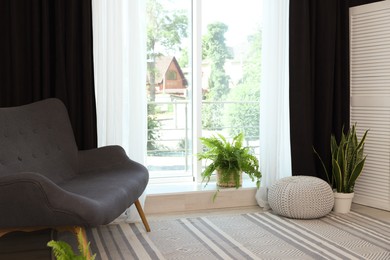 Sofa, green houseplants, pouffe and elegant curtains in room. Interior design