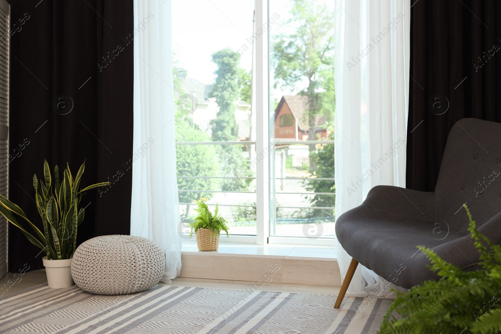 Photo of Sofa, green houseplants, pouffe and elegant curtains in room. Interior design