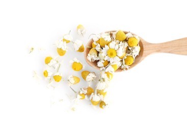 Photo of Fresh and dry chamomile flowers in wooden spoon isolated on white, top view