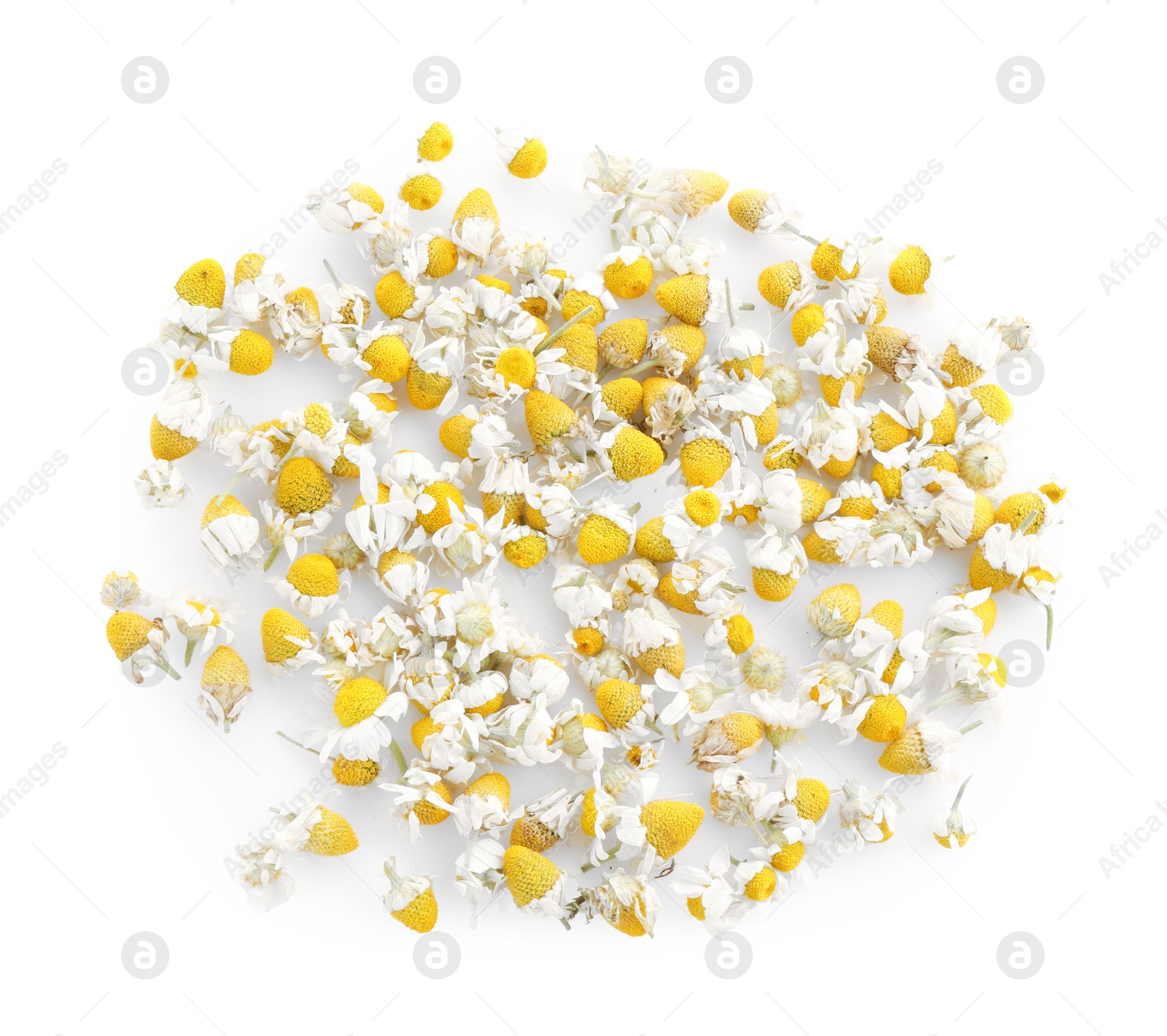 Photo of Natural chamomile flowers isolated on white, top view