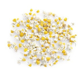 Photo of Natural chamomile flowers isolated on white, top view