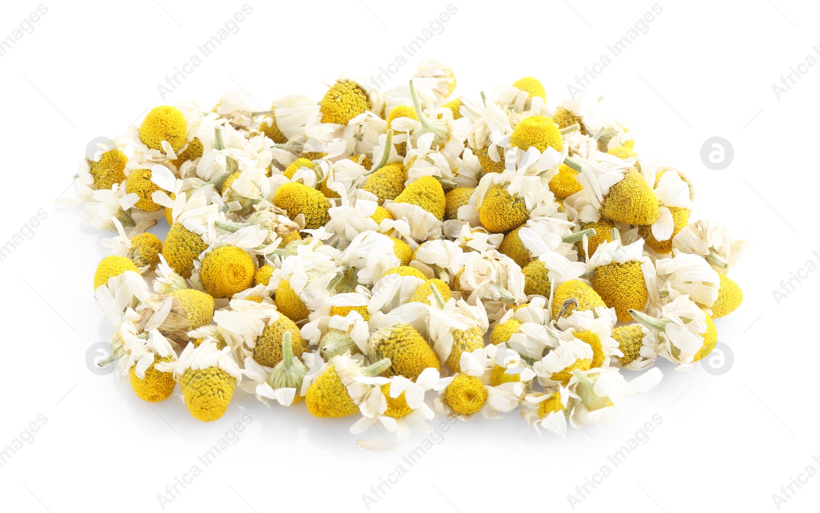 Photo of Pile of chamomile flowers isolated on white