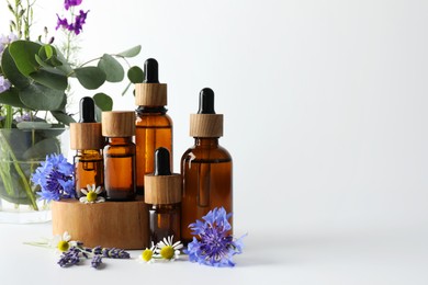 Photo of Aromatherapy. Different essential oils, eucalyptus leaves and flowers on white background, space for text