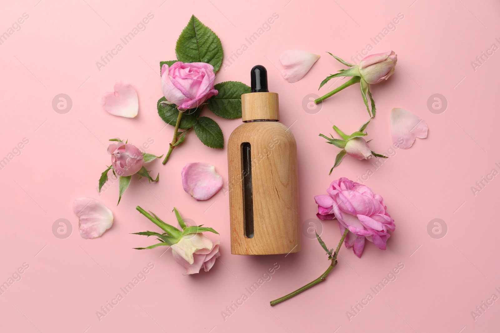 Photo of Aromatherapy. Essential oil, flowers and green leaves on pink background, flat lay