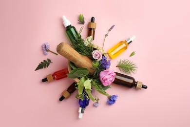 Aromatherapy. Different essential oils, fir twigs, flowers and green leaves on pink background, flat lay