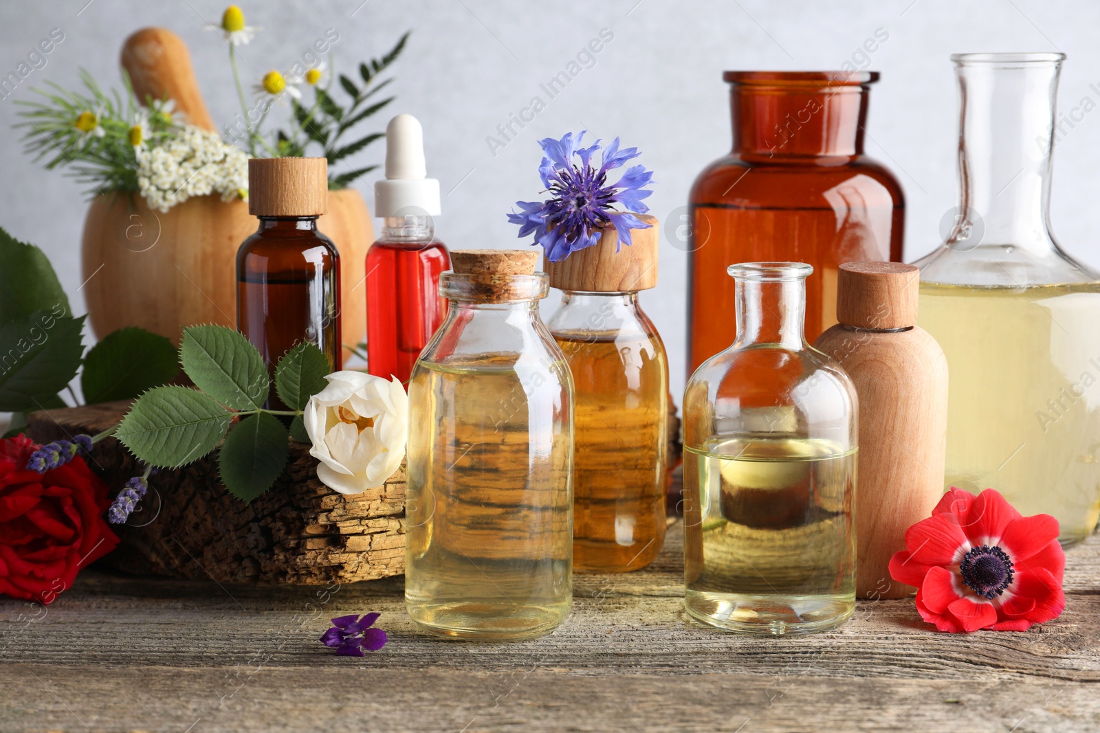 Photo of Aromatherapy. Different essential oils, flowers and green leaves on wooden table