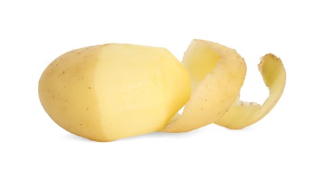 Photo of One young fresh potato with peel isolated on white