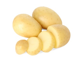 Photo of Fresh whole and cut potatoes isolated on white