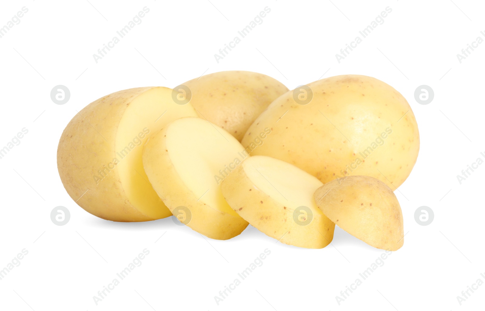 Photo of Fresh whole and cut potatoes isolated on white