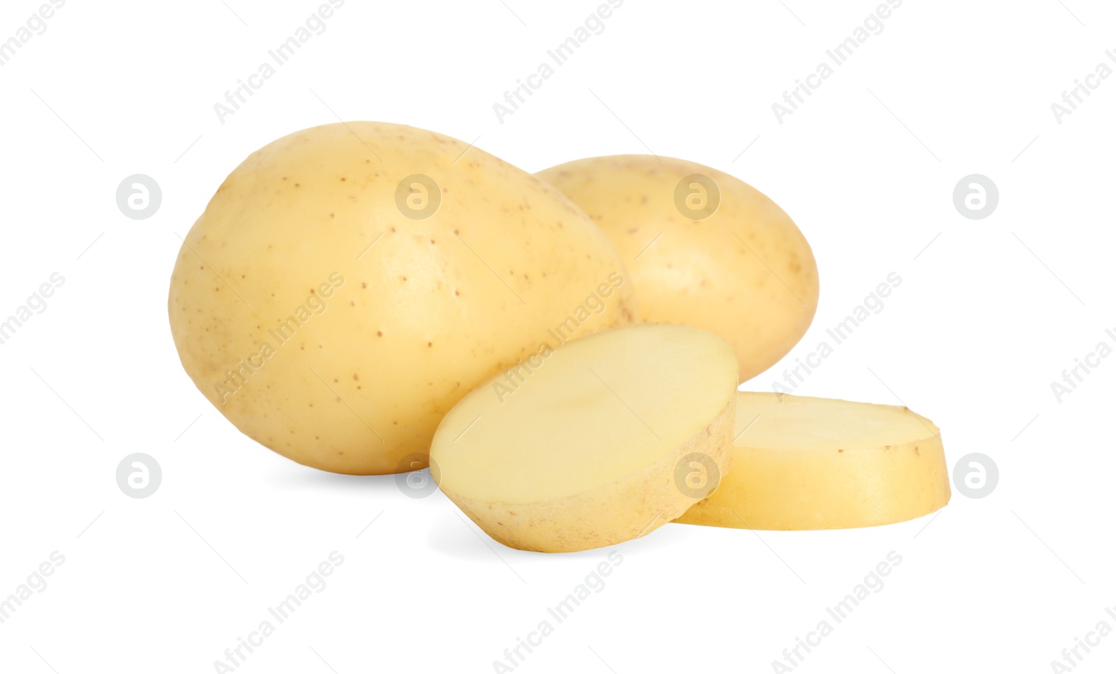 Photo of Fresh whole and cut potatoes isolated on white