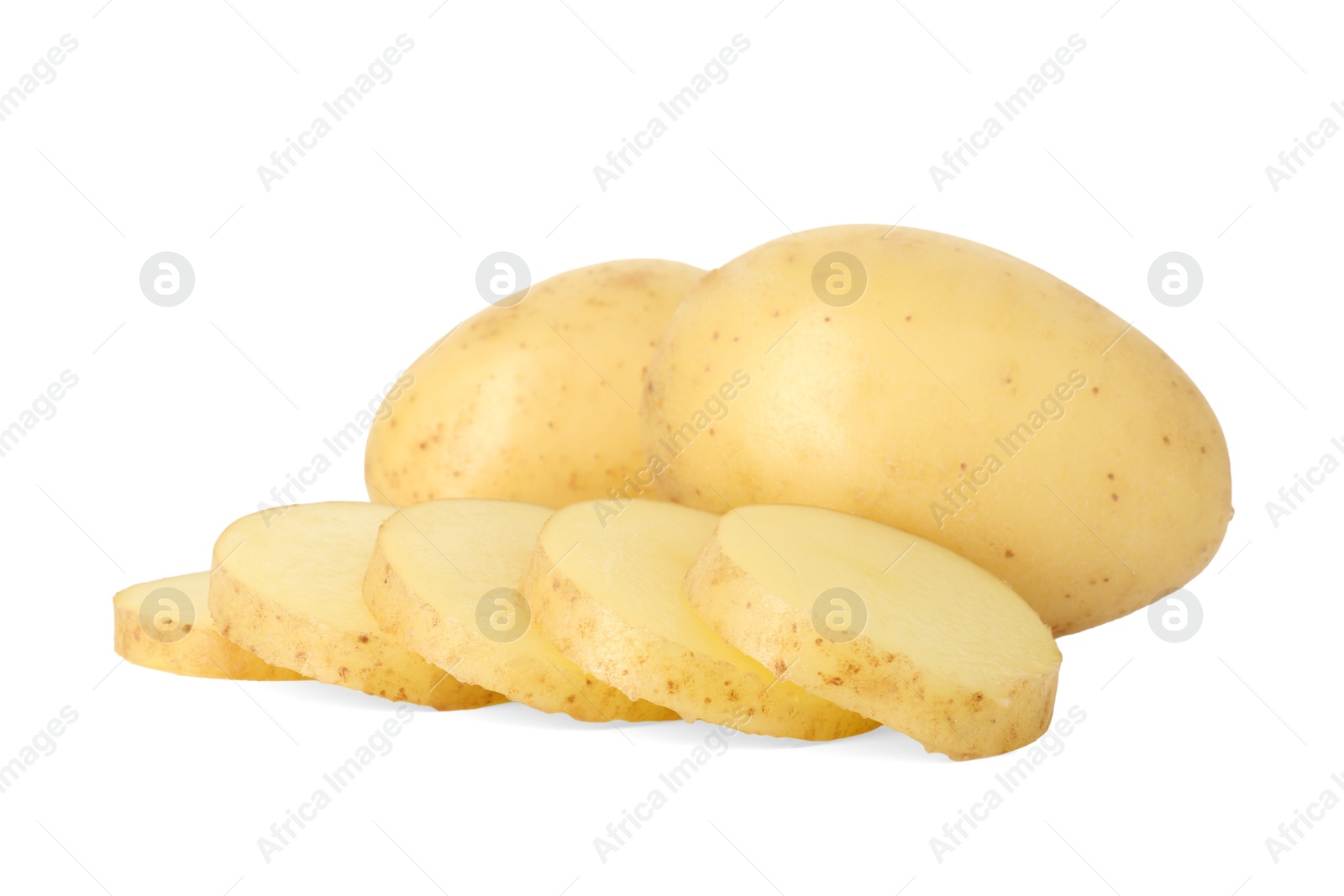 Photo of Fresh whole and cut potatoes isolated on white