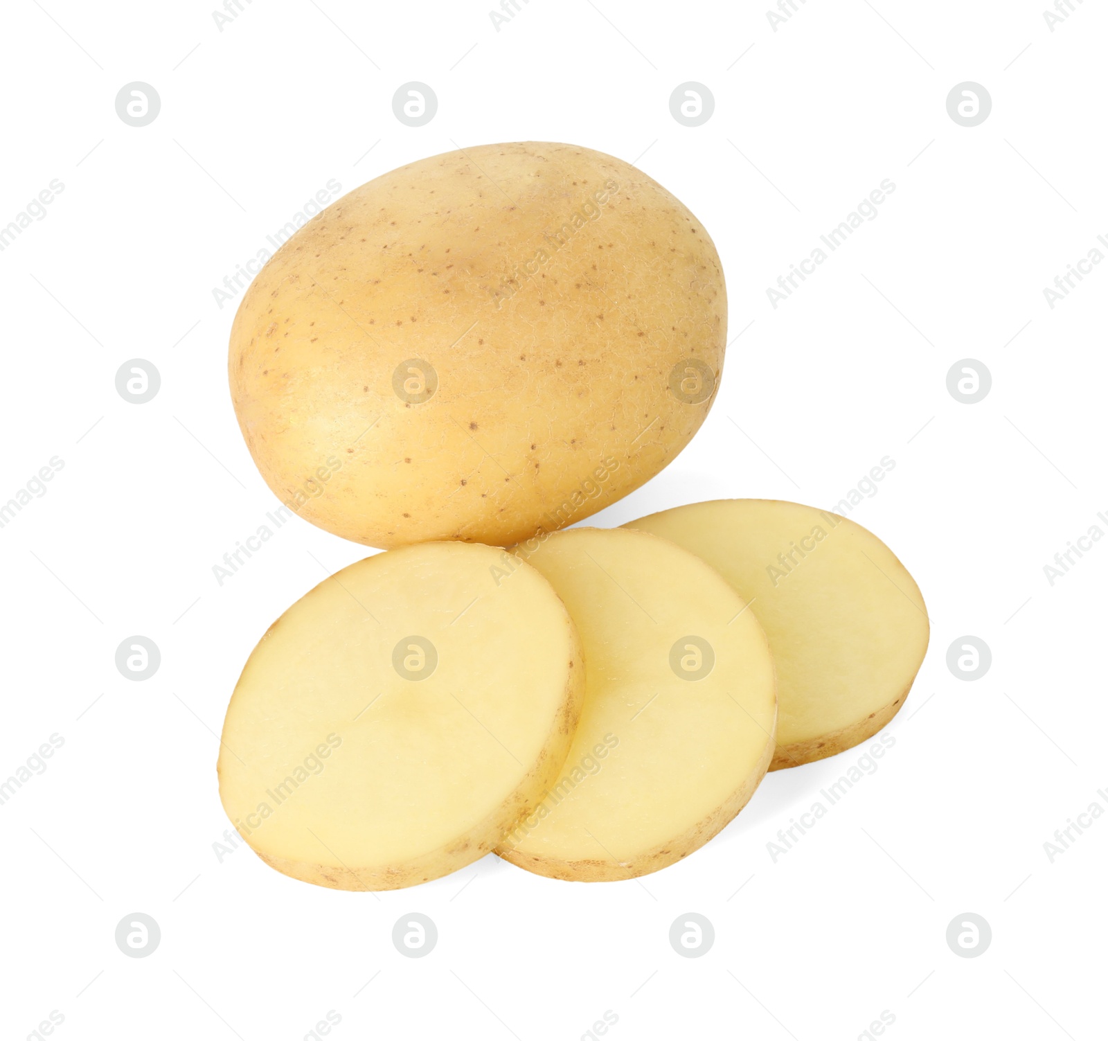 Photo of Fresh whole and cut potatoes isolated on white, above view