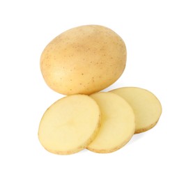 Photo of Fresh whole and cut potatoes isolated on white, above view