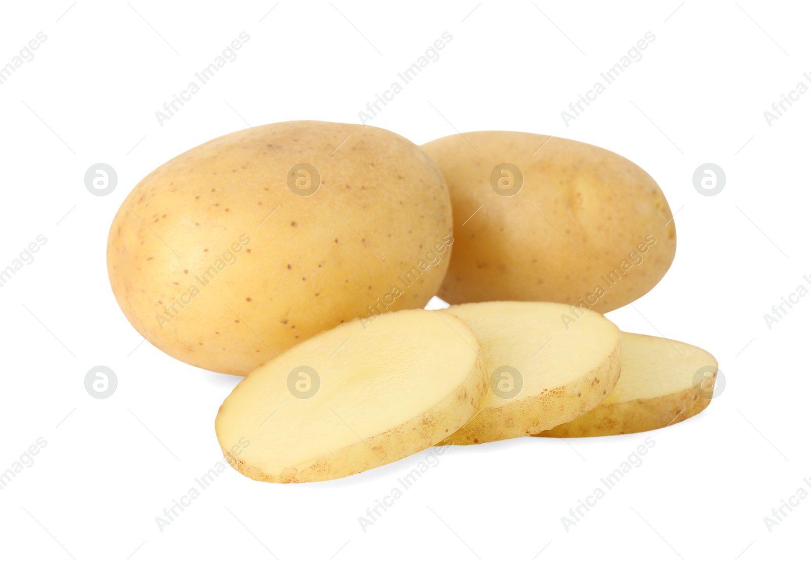 Photo of Fresh whole and cut potatoes isolated on white