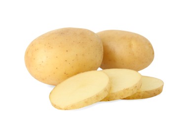 Photo of Fresh whole and cut potatoes isolated on white