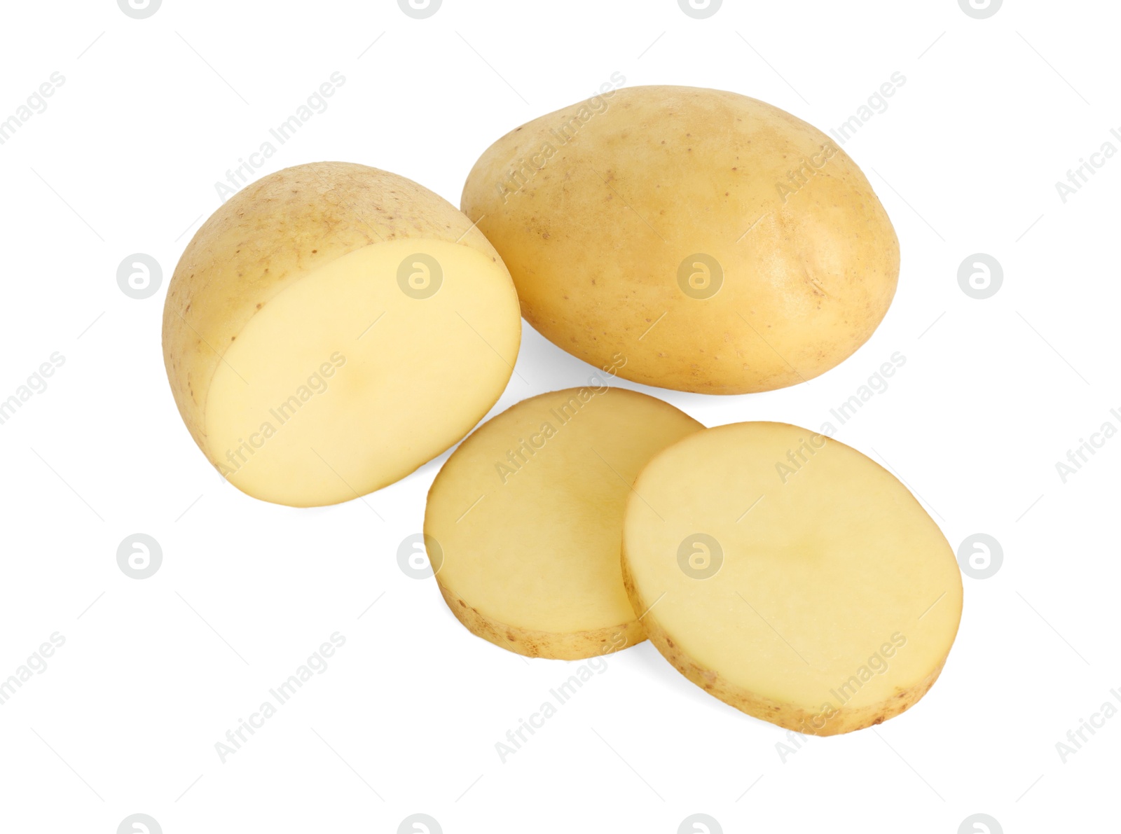 Photo of Fresh whole and cut potatoes isolated on white