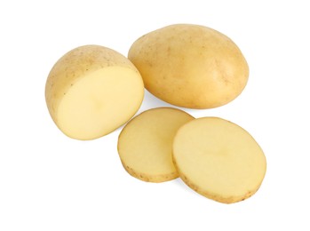 Photo of Fresh whole and cut potatoes isolated on white