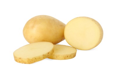 Photo of Fresh whole and cut potatoes isolated on white