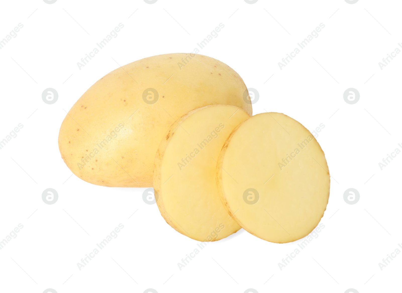 Photo of Fresh whole and cut potatoes isolated on white, above view