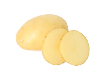 Photo of Fresh whole and cut potatoes isolated on white, above view