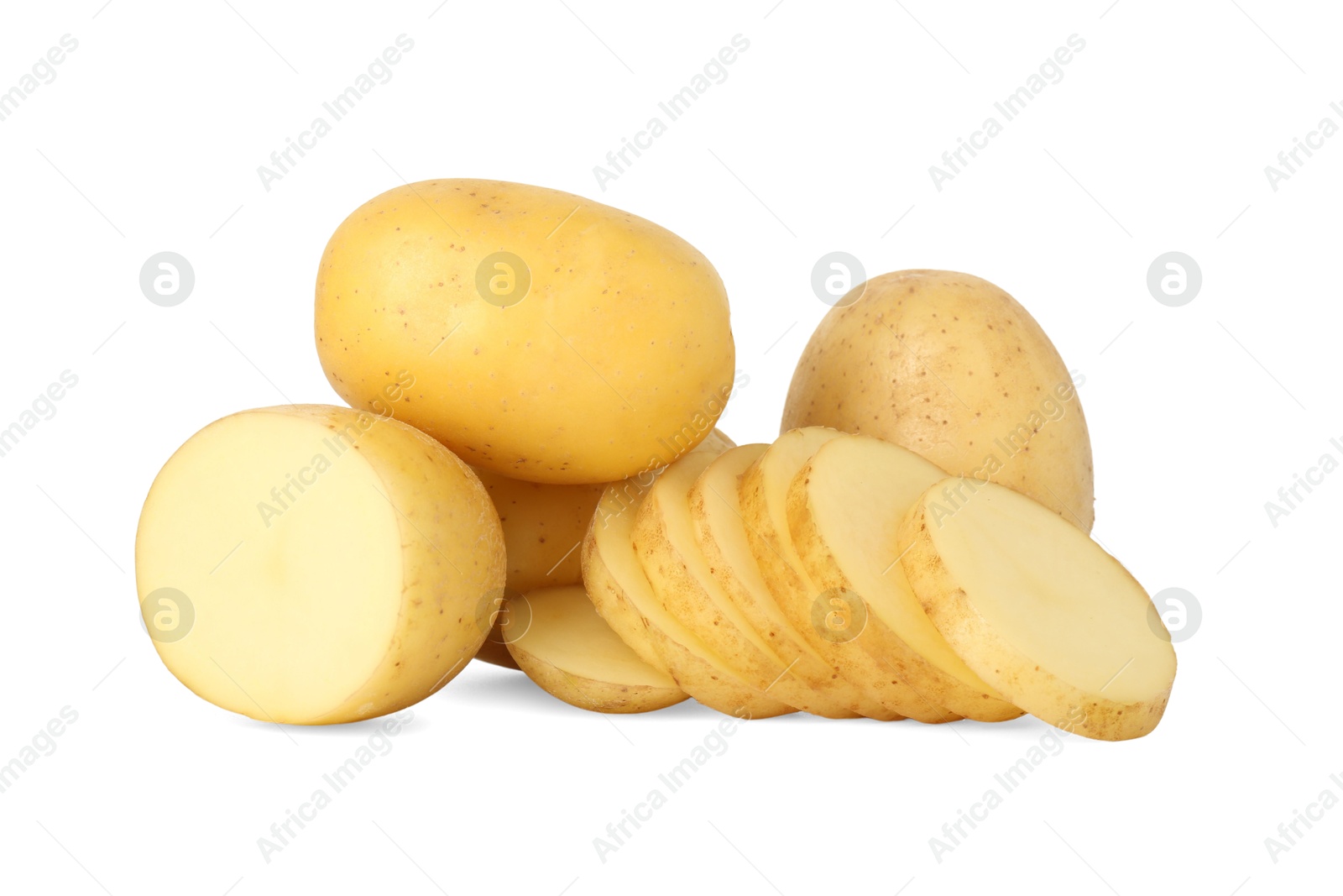 Photo of Fresh whole and cut potatoes isolated on white