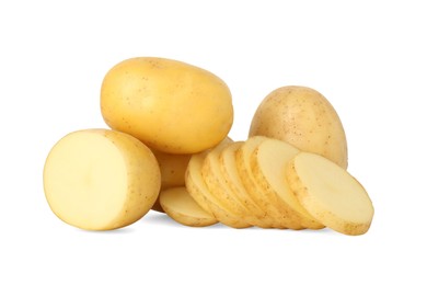 Photo of Fresh whole and cut potatoes isolated on white