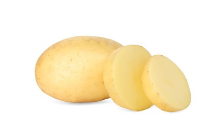 Photo of Fresh whole and cut potatoes isolated on white