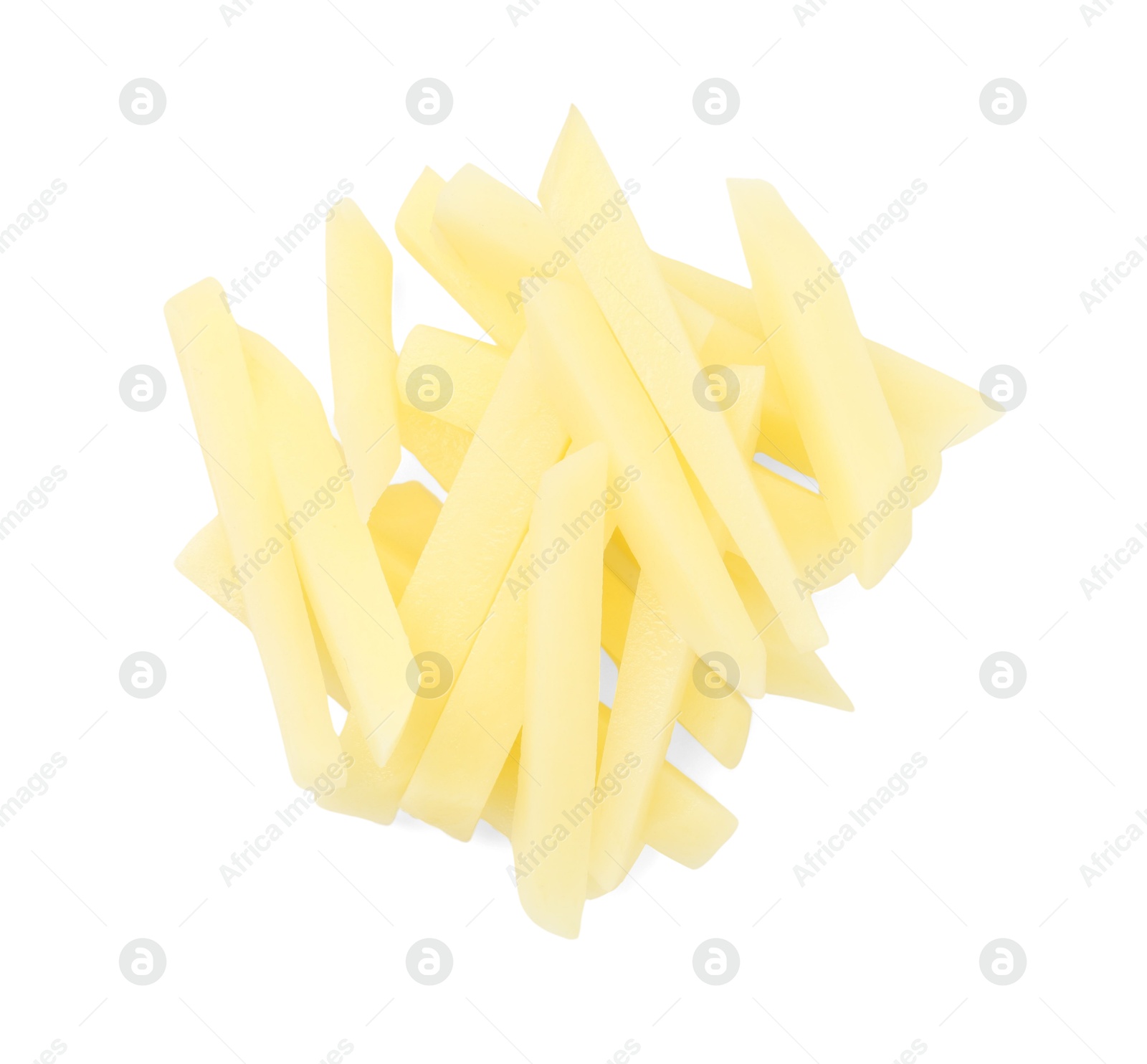 Photo of Pile of fresh cut potato isolated on white, top view