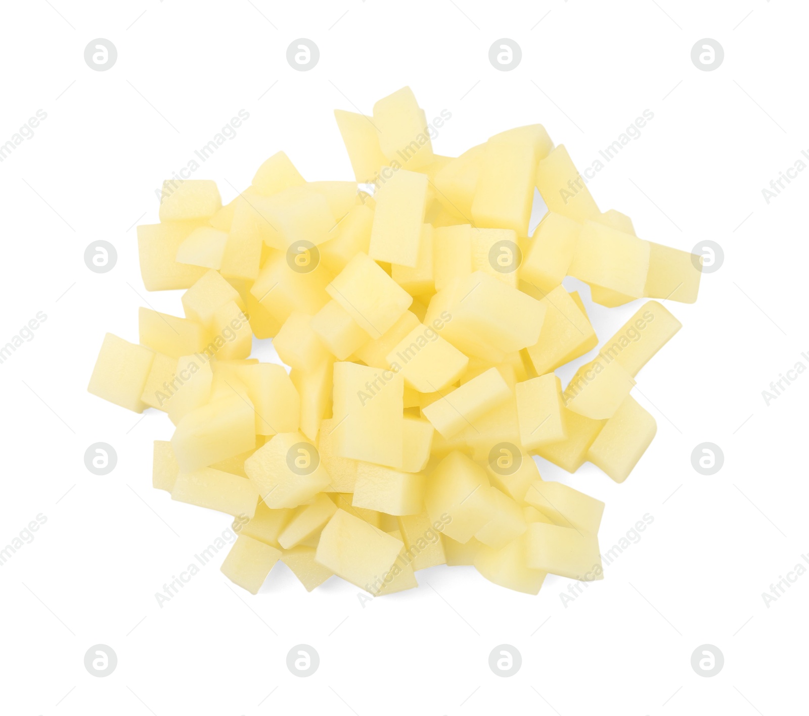 Photo of Pile of fresh cut potato isolated on white, top view