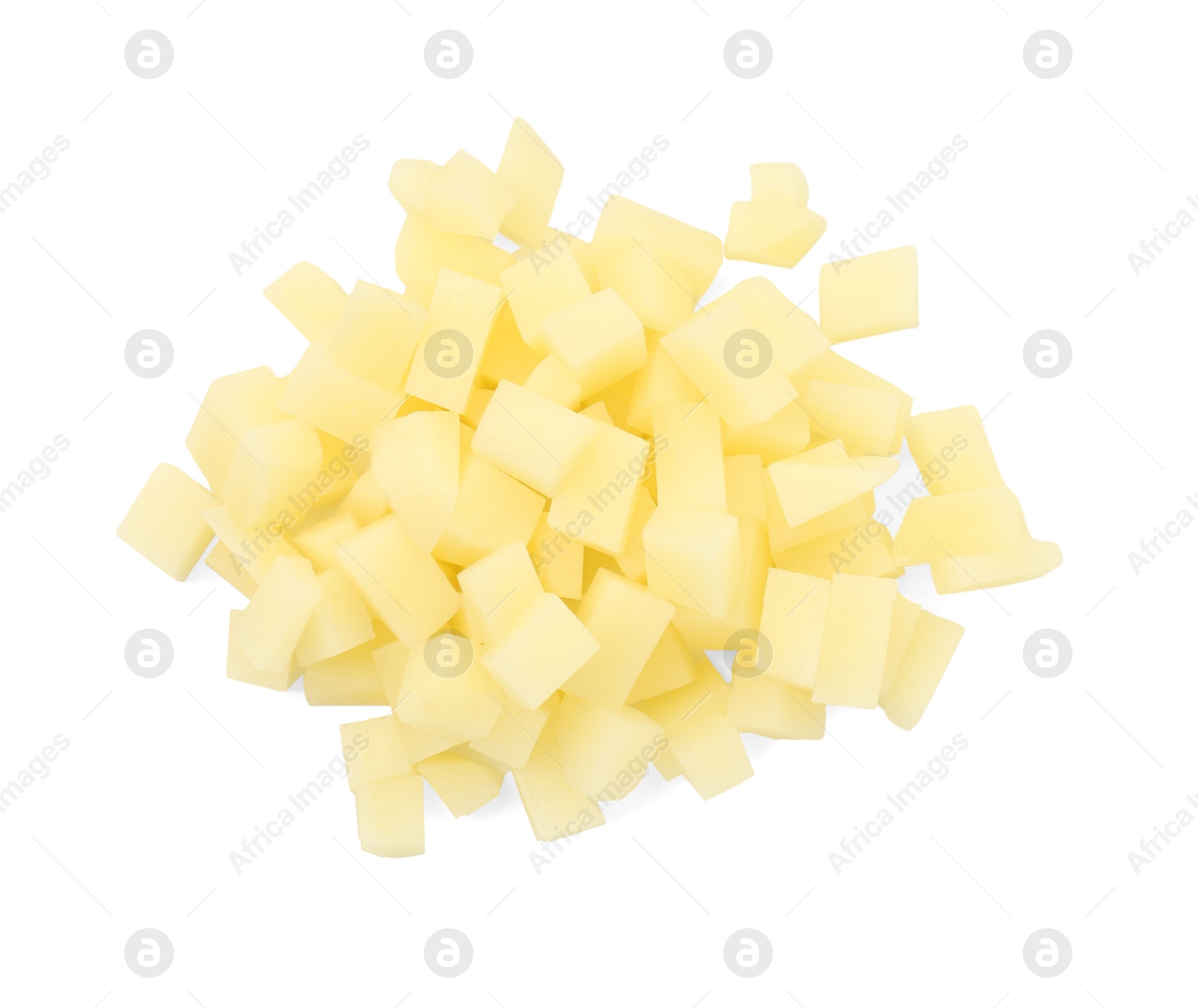 Photo of Pile of fresh cut potato isolated on white, top view