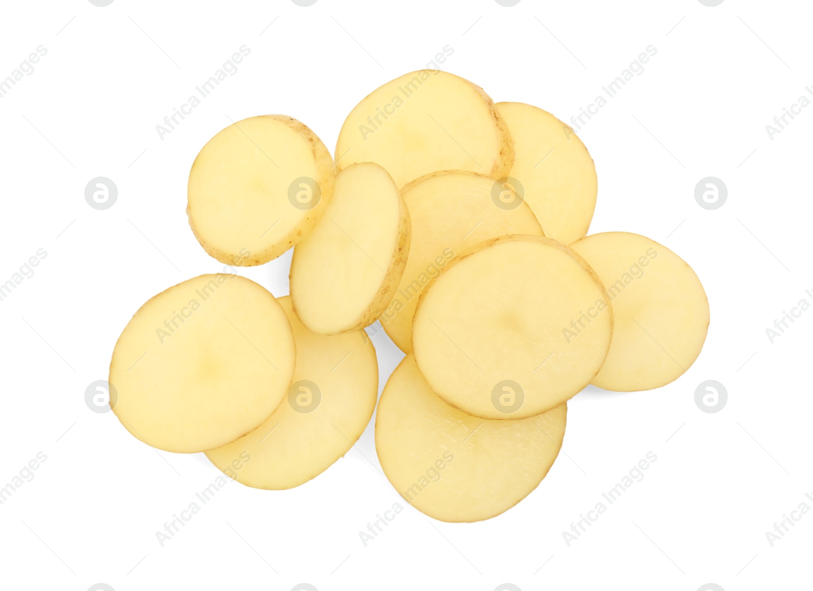 Photo of Pile of fresh cut potato isolated on white, top view